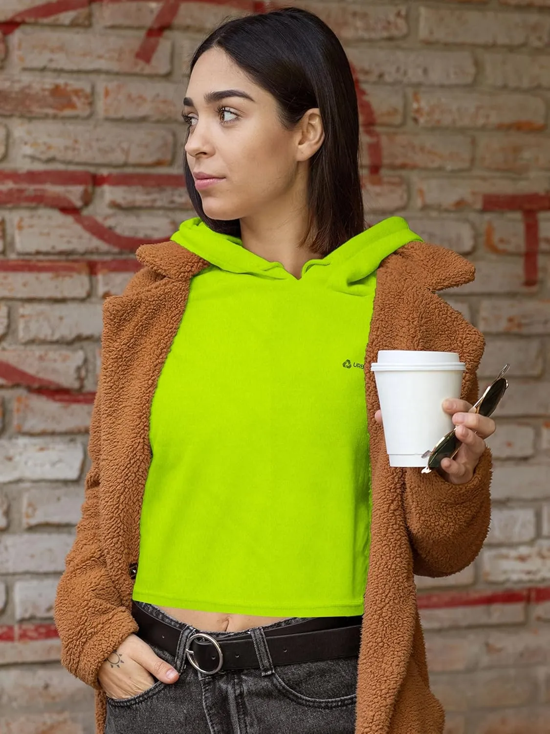 URBAN BUCK Neon Crop Top Hoodie For Women - Lightweight Long Sleeve Cropped Pullover Sweatshirt For Workout & Running