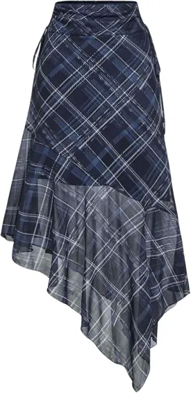 Verdusa Women's Y2K Vintage Plaid Skirt Asymmetrical Mesh Layered Flowy Skirt