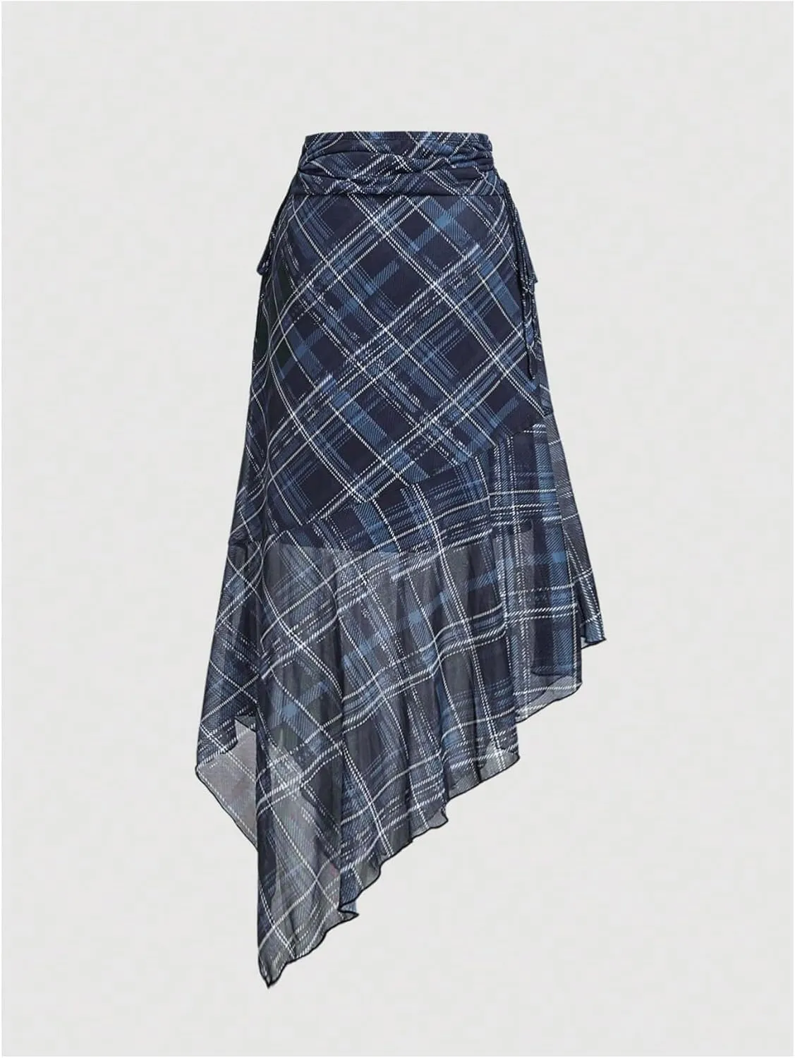 Verdusa Women's Y2K Vintage Plaid Skirt Asymmetrical Mesh Layered Flowy Skirt