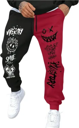 WDIRARA Men's Cartoon Letter Graphic Sweatpants Color Block Drawstring Waist Jogger Pants with Pockets