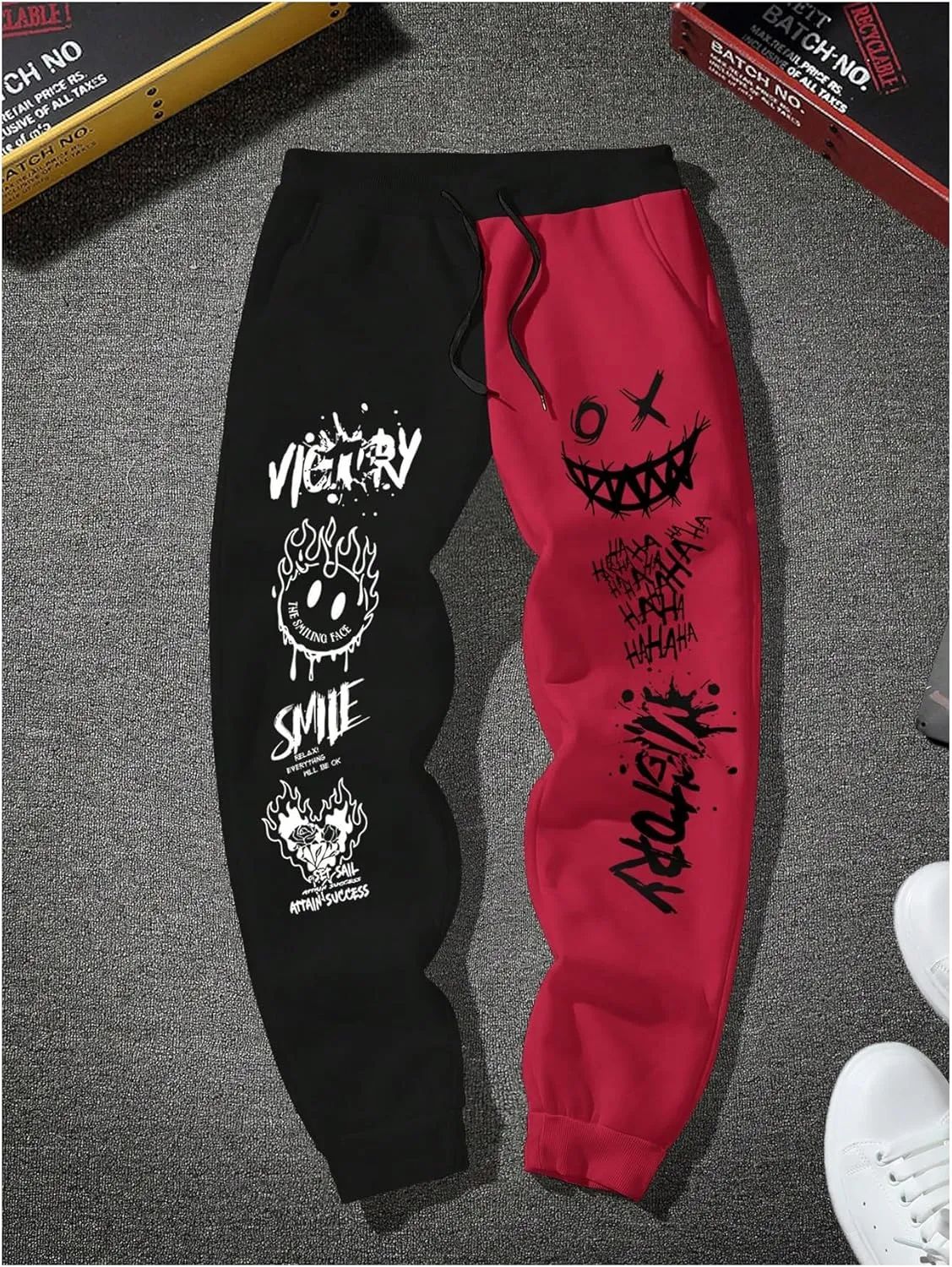 WDIRARA Men's Cartoon Letter Graphic Sweatpants Color Block Drawstring Waist Jogger Pants with Pockets
