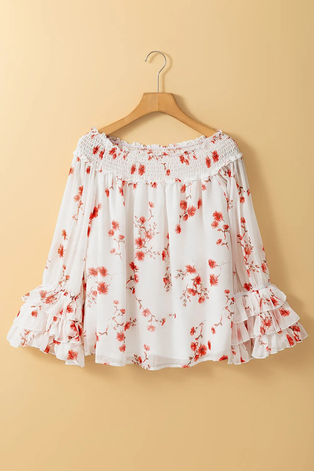 White Floral Print Shirred Off Shoulder Ruffled Sleeve Blouse
