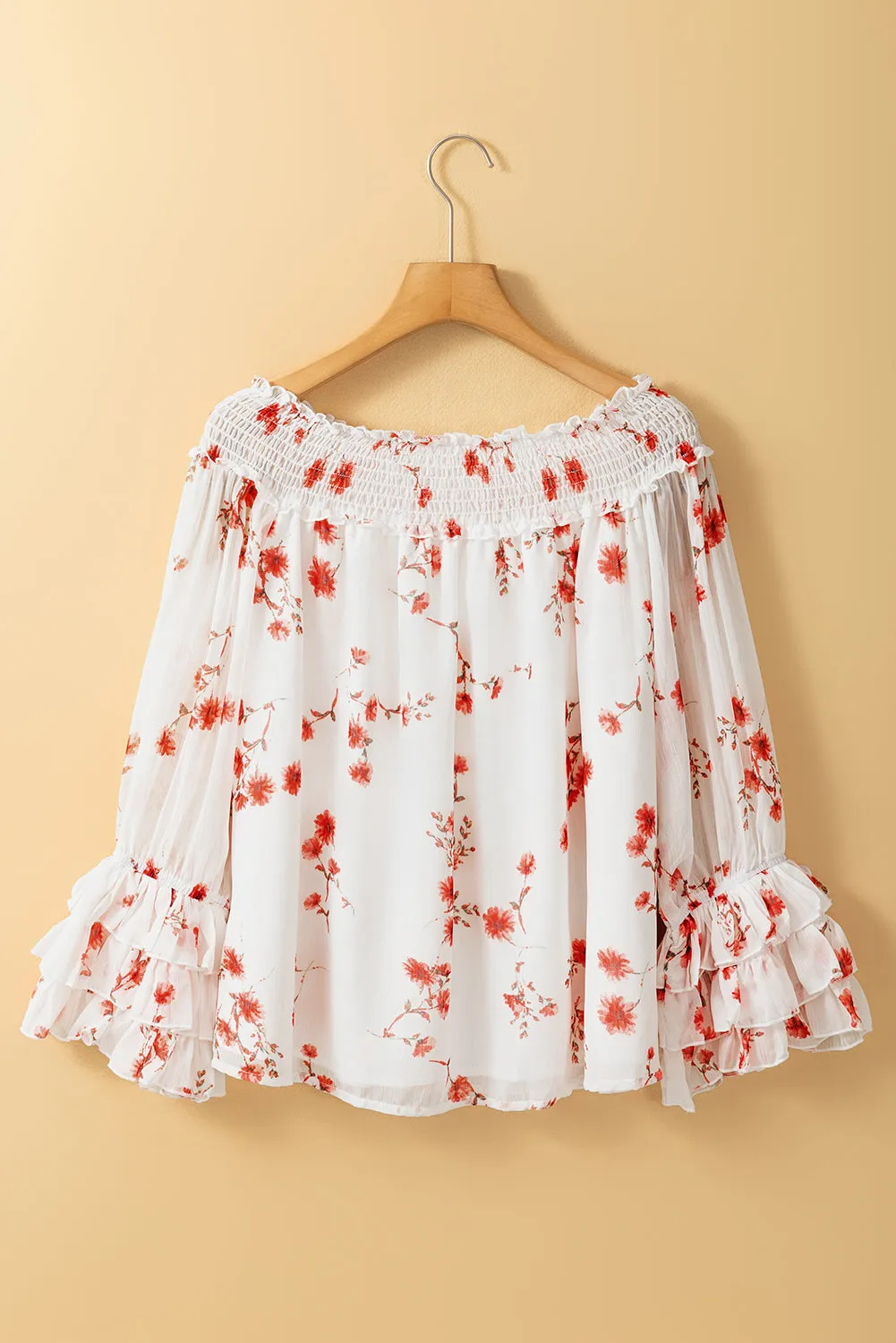 White Floral Print Shirred Off Shoulder Ruffled Sleeve Blouse