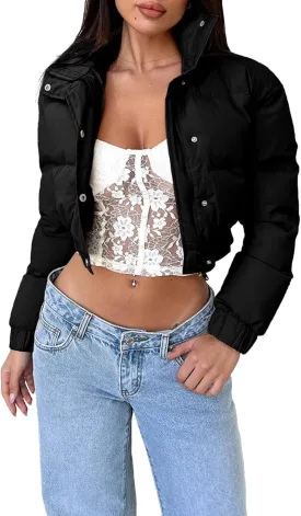 WHN Womens Cropped Jacket Puffer Lightweight Quilted Jackets Long Sleeve Stand Collar Zipper Winter Outerwear Coat