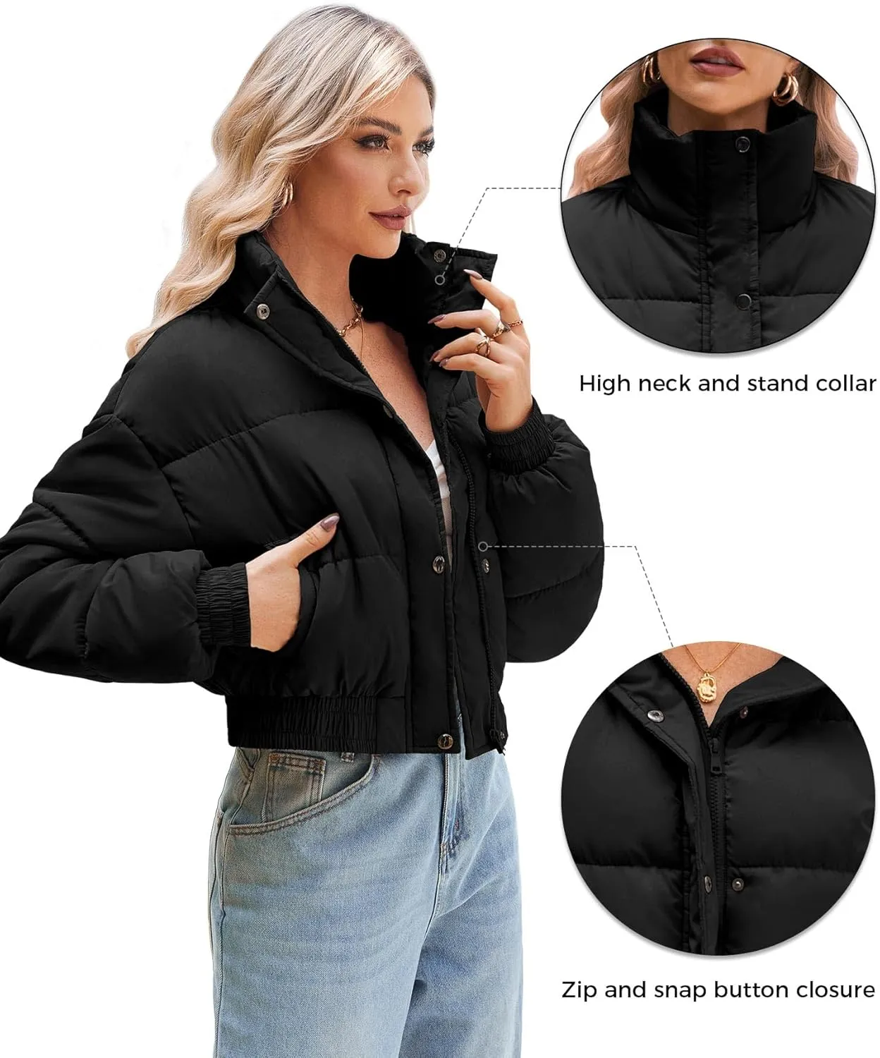 WHN Womens Cropped Jacket Puffer Lightweight Quilted Jackets Long Sleeve Stand Collar Zipper Winter Outerwear Coat