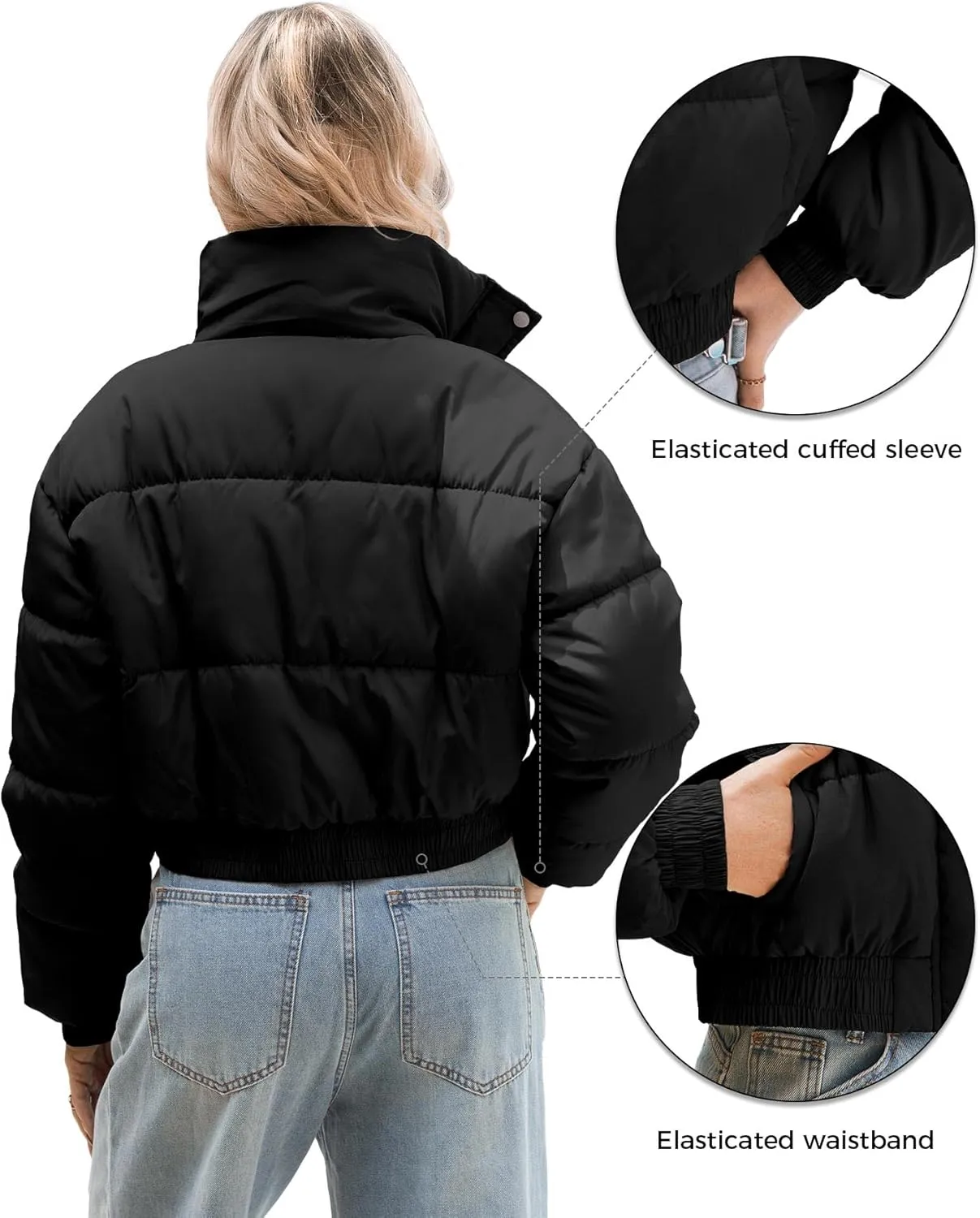 WHN Womens Cropped Jacket Puffer Lightweight Quilted Jackets Long Sleeve Stand Collar Zipper Winter Outerwear Coat