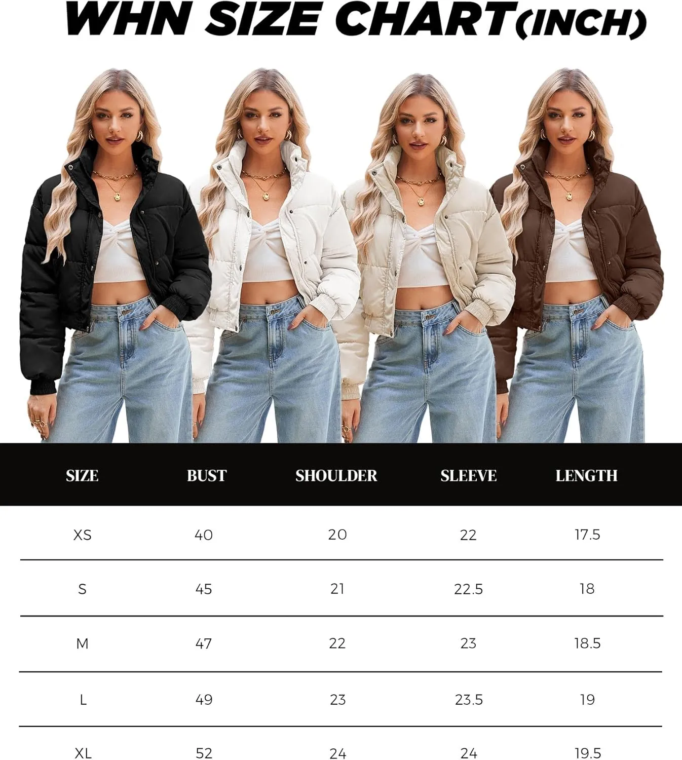 WHN Womens Cropped Jacket Puffer Lightweight Quilted Jackets Long Sleeve Stand Collar Zipper Winter Outerwear Coat