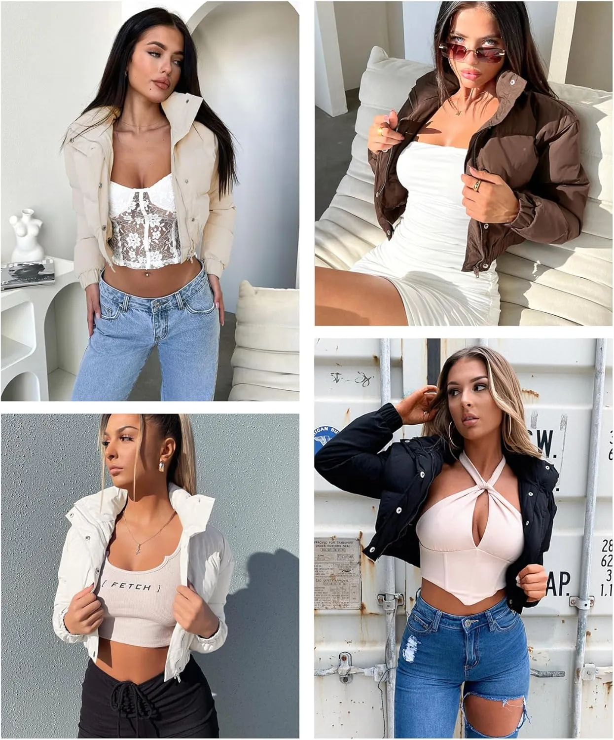 WHN Womens Cropped Jacket Puffer Lightweight Quilted Jackets Long Sleeve Stand Collar Zipper Winter Outerwear Coat