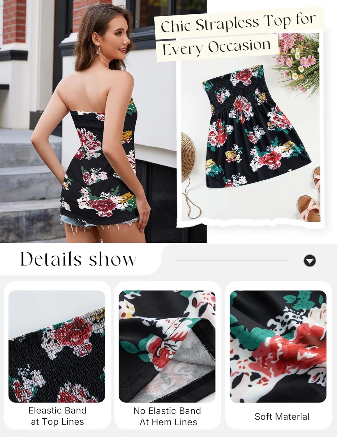 Women Pleated Ruffled Backless Tube Tops Sleeveless Smocked Bandeau Tank Summer Floral Print Strapless Shirts