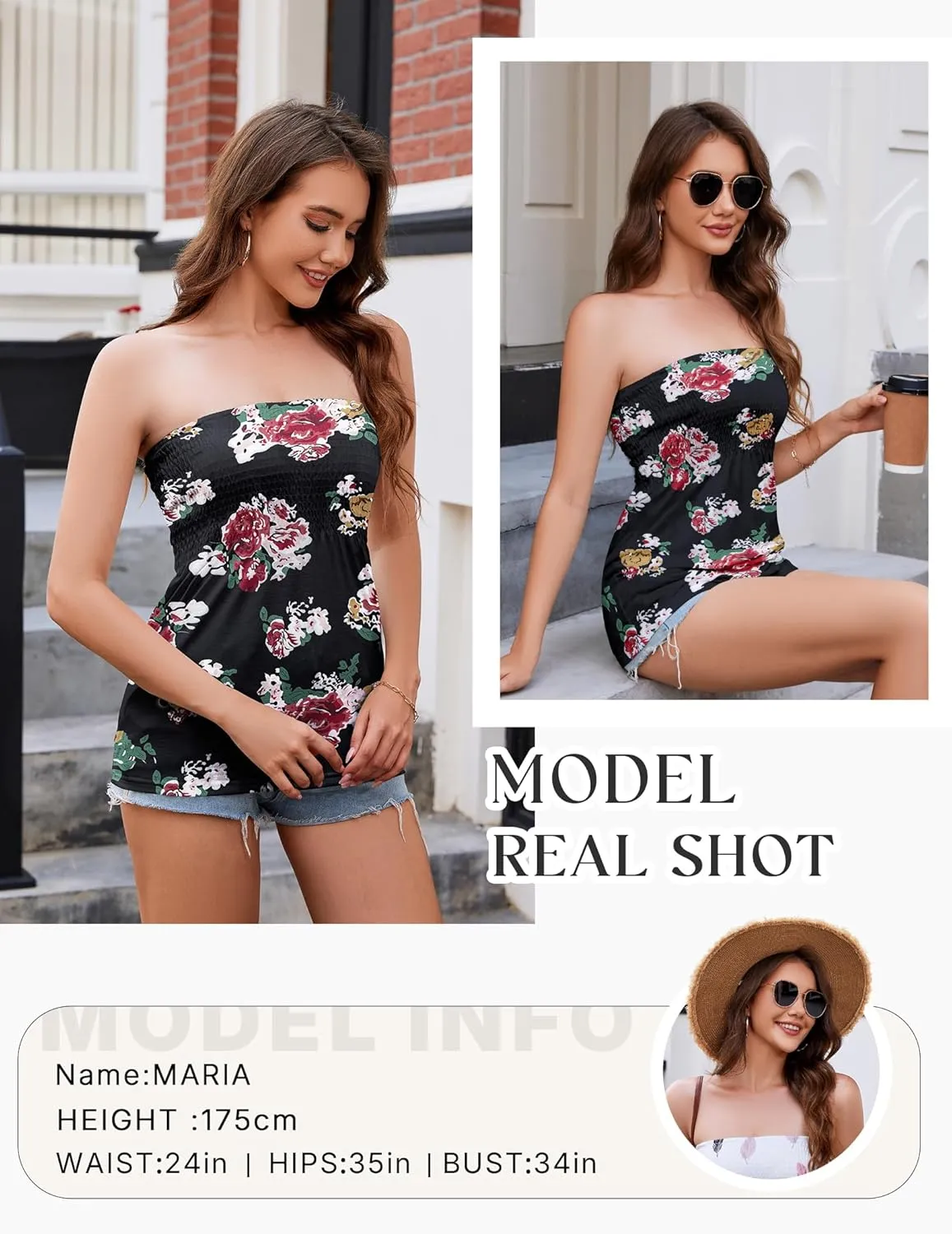 Women Pleated Ruffled Backless Tube Tops Sleeveless Smocked Bandeau Tank Summer Floral Print Strapless Shirts