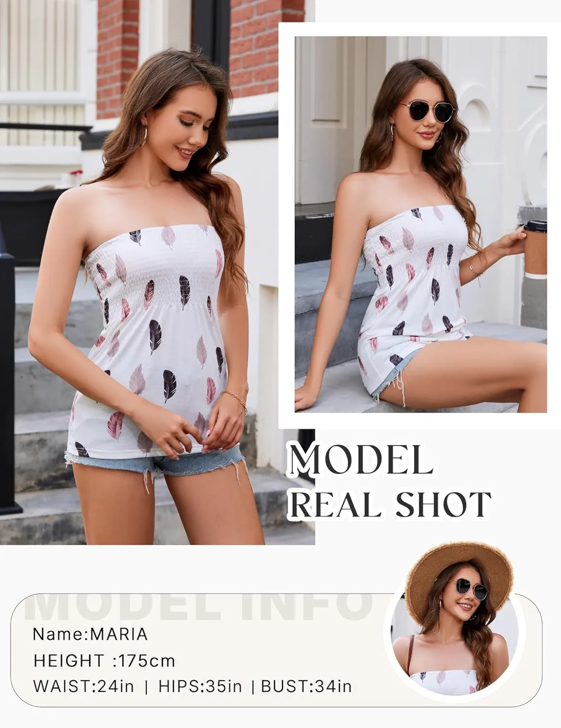 Women Pleated Ruffled Backless Tube Tops Sleeveless Smocked Bandeau Tank Summer Floral Print Strapless Shirts