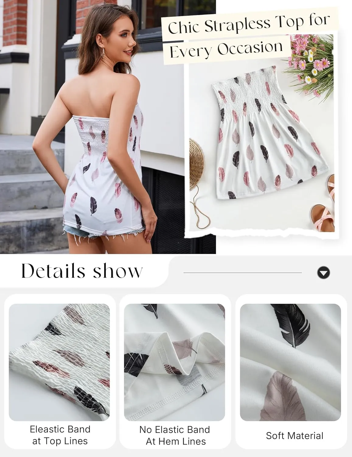 Women Pleated Ruffled Backless Tube Tops Sleeveless Smocked Bandeau Tank Summer Floral Print Strapless Shirts