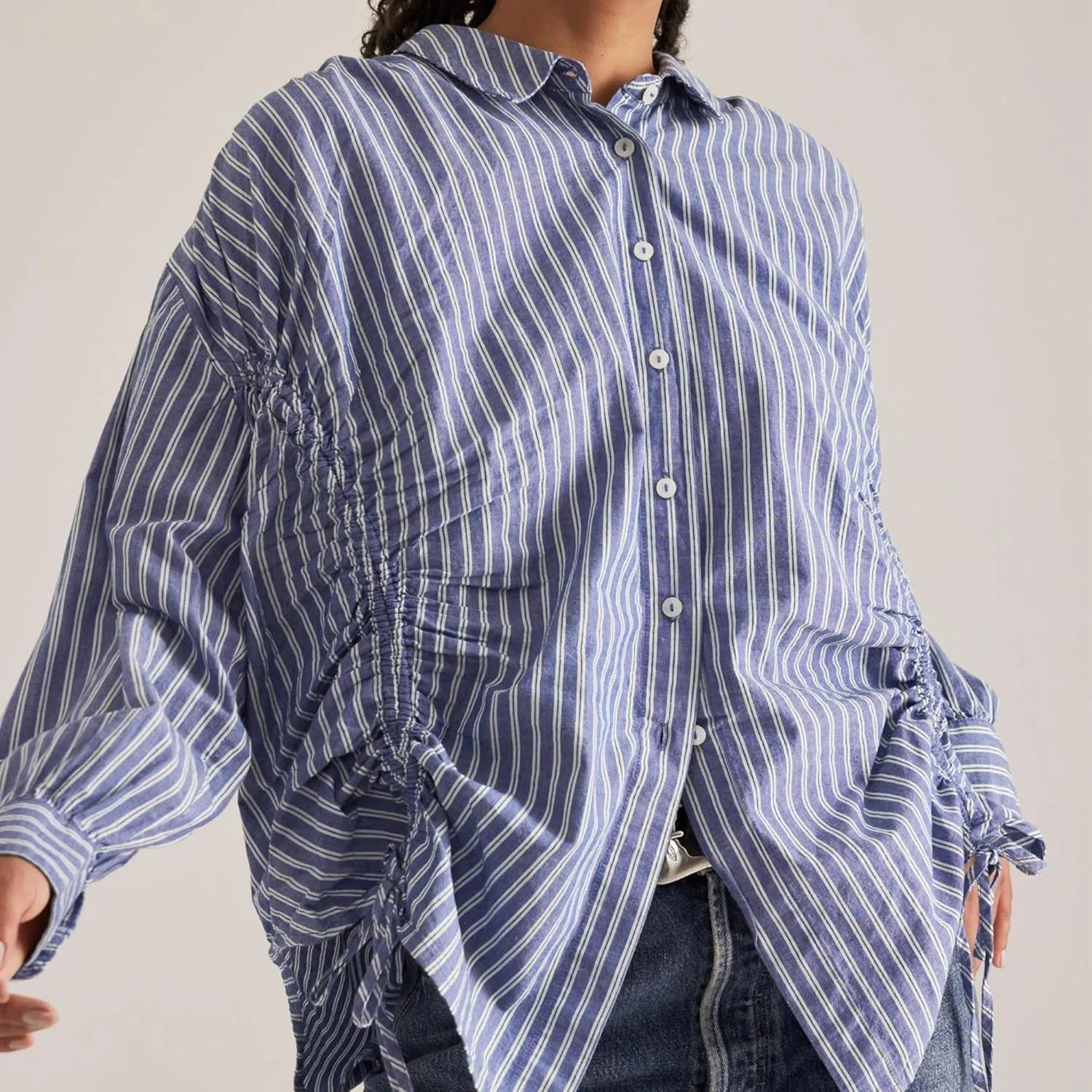 Womens Blue White Stripe Cotton Button Down Shirt Drawstring Side Ruched Tops Long Sleeves Casual Blouse