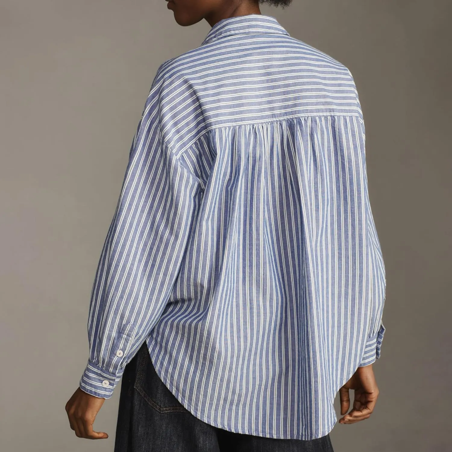 Womens Blue White Stripe Cotton Button Down Shirt Drawstring Side Ruched Tops Long Sleeves Casual Blouse
