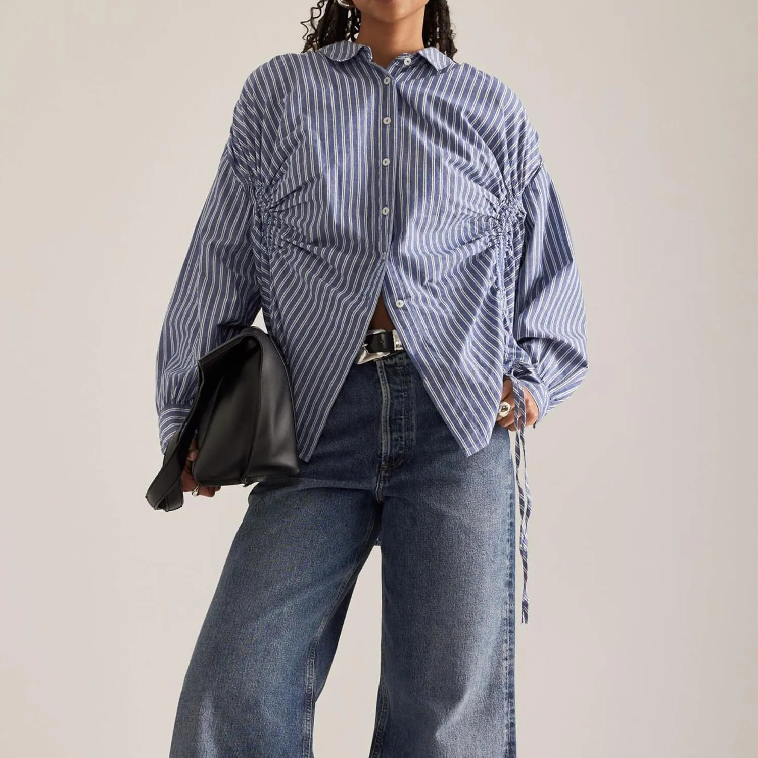 Womens Blue White Stripe Cotton Button Down Shirt Drawstring Side Ruched Tops Long Sleeves Casual Blouse