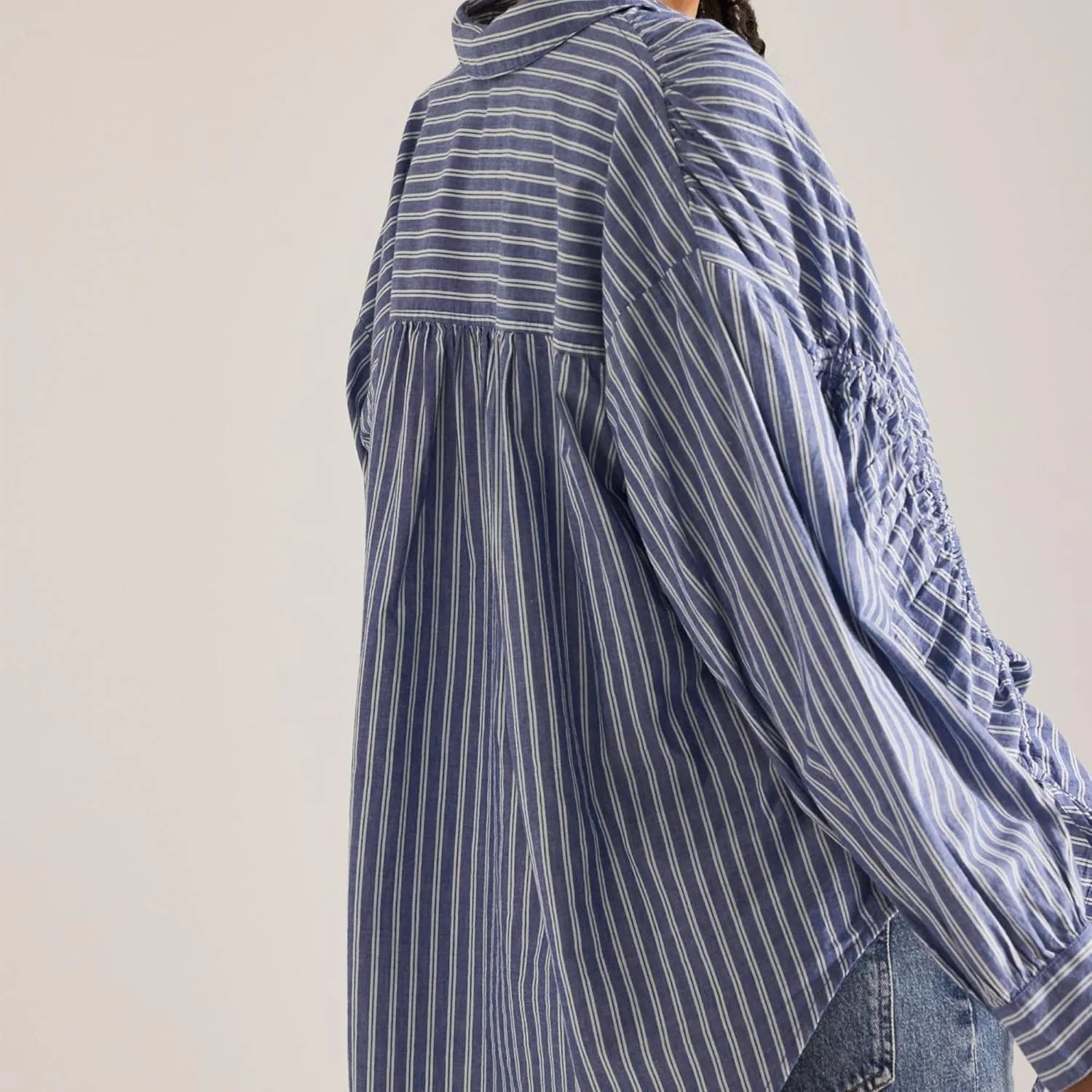 Womens Blue White Stripe Cotton Button Down Shirt Drawstring Side Ruched Tops Long Sleeves Casual Blouse
