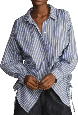 Womens Blue White Stripe Cotton Button Down Shirt Drawstring Side Ruched Tops Long Sleeves Casual Blouse