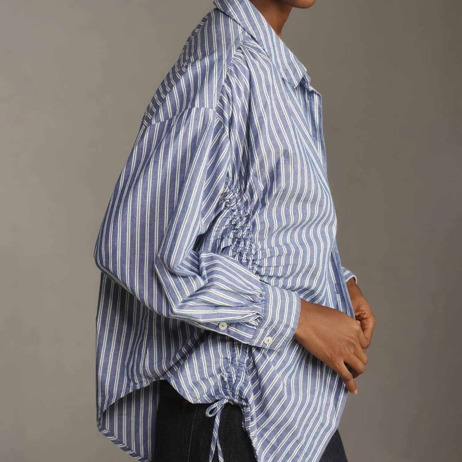Womens Blue White Stripe Cotton Button Down Shirt Drawstring Side Ruched Tops Long Sleeves Casual Blouse