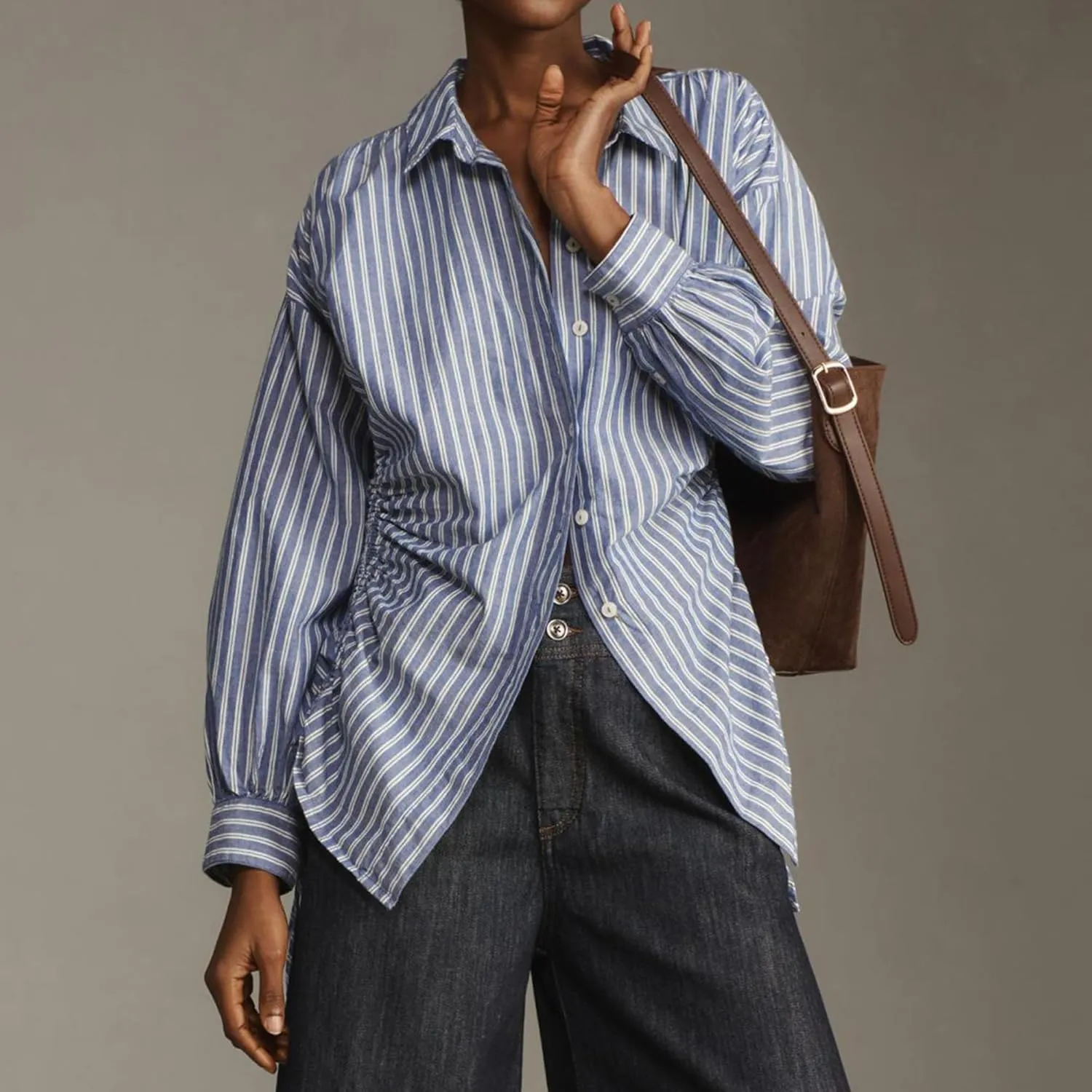 Womens Blue White Stripe Cotton Button Down Shirt Drawstring Side Ruched Tops Long Sleeves Casual Blouse