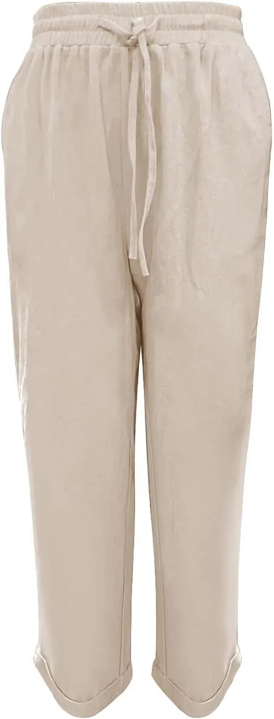 Womens Cotton Linen Pants 2025 Loose Fit Straight Leg Drawstring Summer Elastic Waist Plus Size Lounge Long Trousers