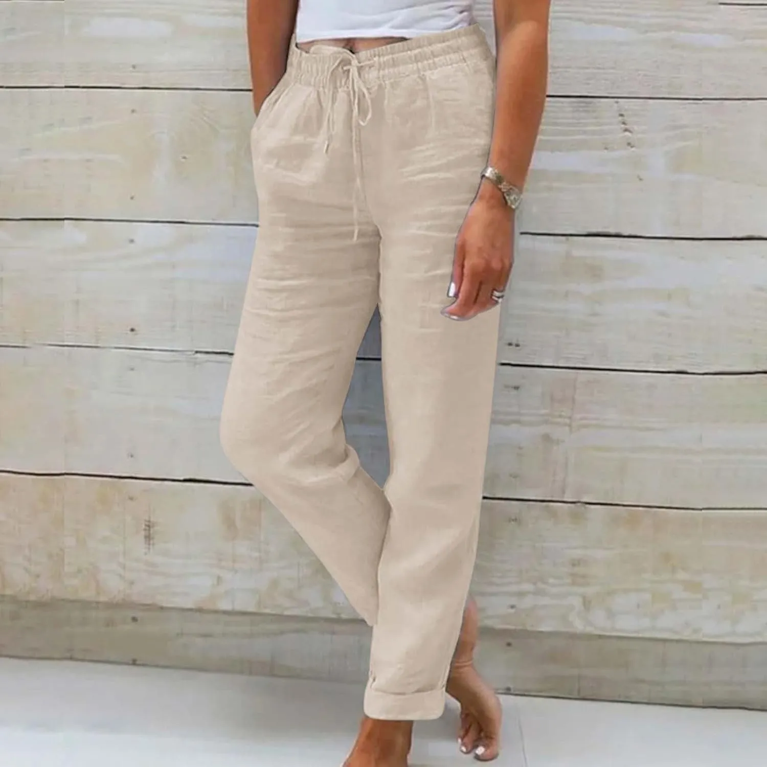 Womens Cotton Linen Pants 2025 Loose Fit Straight Leg Drawstring Summer Elastic Waist Plus Size Lounge Long Trousers