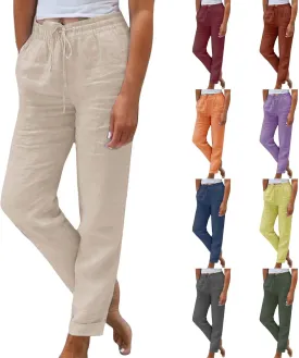 Womens Cotton Linen Pants 2025 Loose Fit Straight Leg Drawstring Summer Elastic Waist Plus Size Lounge Long Trousers
