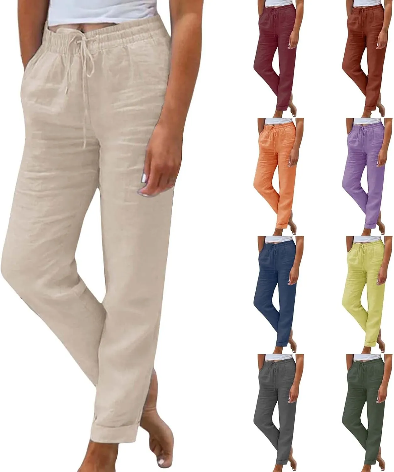 Womens Cotton Linen Pants 2025 Loose Fit Straight Leg Drawstring Summer Elastic Waist Plus Size Lounge Long Trousers