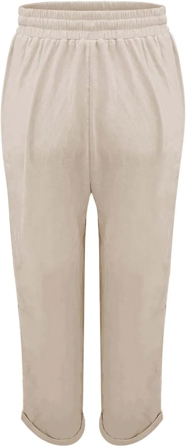 Womens Cotton Linen Pants 2025 Loose Fit Straight Leg Drawstring Summer Elastic Waist Plus Size Lounge Long Trousers