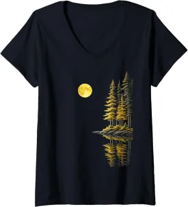 Womens Nature Wildlife Mountain Landscape Reflection Forest Trees V-Neck T-Shirt
