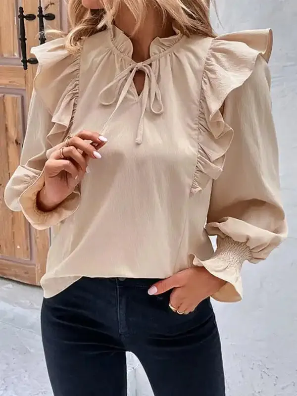 women’s ruffled tie long sleeve blouse