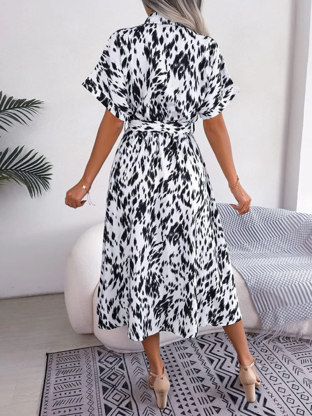 Women's V-Neck Short Sleeve Summer Dress Shirt Collar Slim Fit Leopard Print Casual Beach Dress