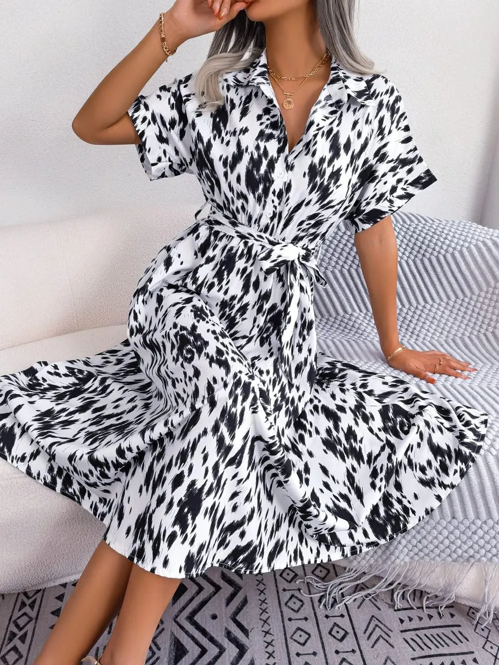Women's V-Neck Short Sleeve Summer Dress Shirt Collar Slim Fit Leopard Print Casual Beach Dress