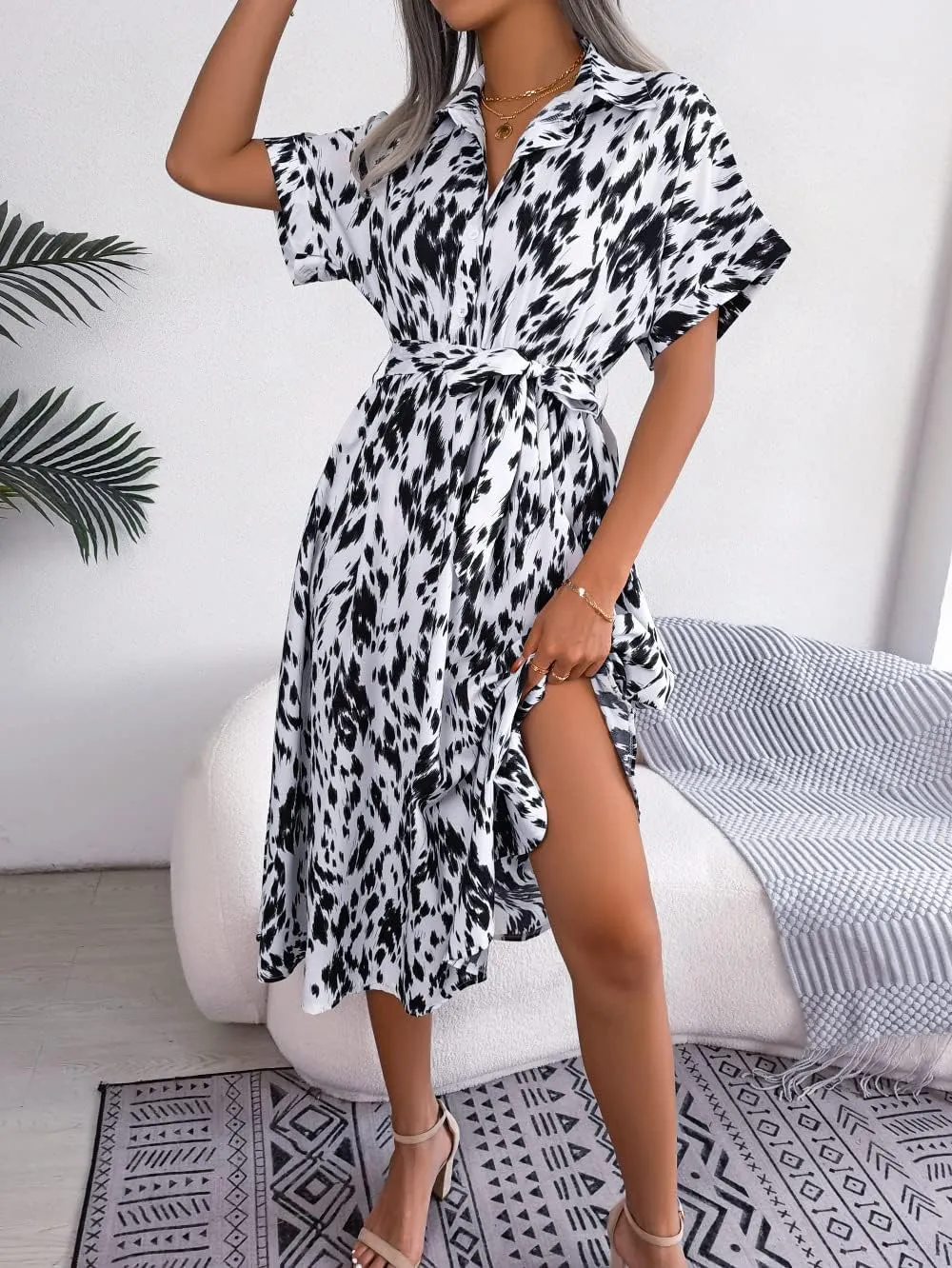 Women's V-Neck Short Sleeve Summer Dress Shirt Collar Slim Fit Leopard Print Casual Beach Dress