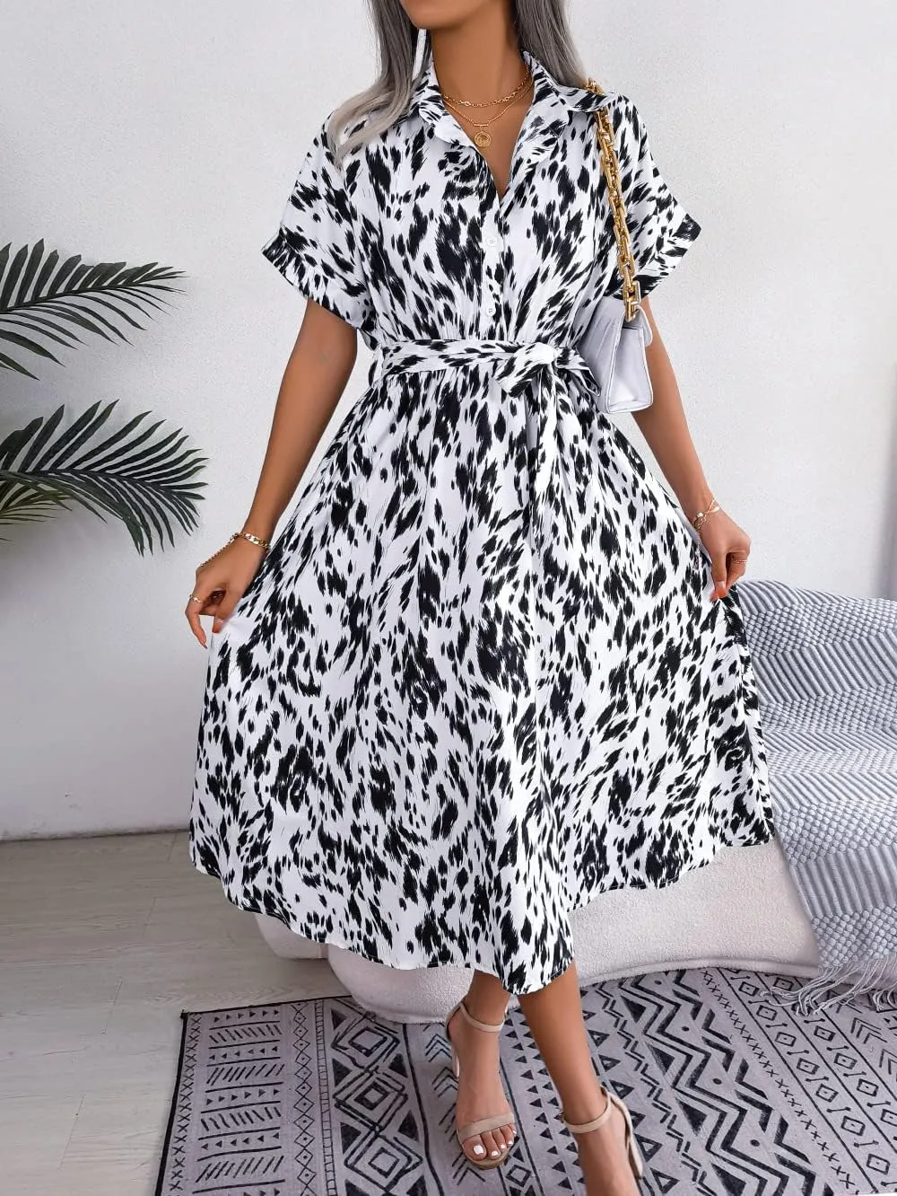 Women's V-Neck Short Sleeve Summer Dress Shirt Collar Slim Fit Leopard Print Casual Beach Dress