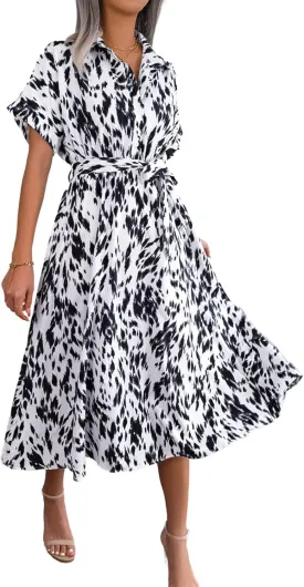 Women's V-Neck Short Sleeve Summer Dress Shirt Collar Slim Fit Leopard Print Casual Beach Dress