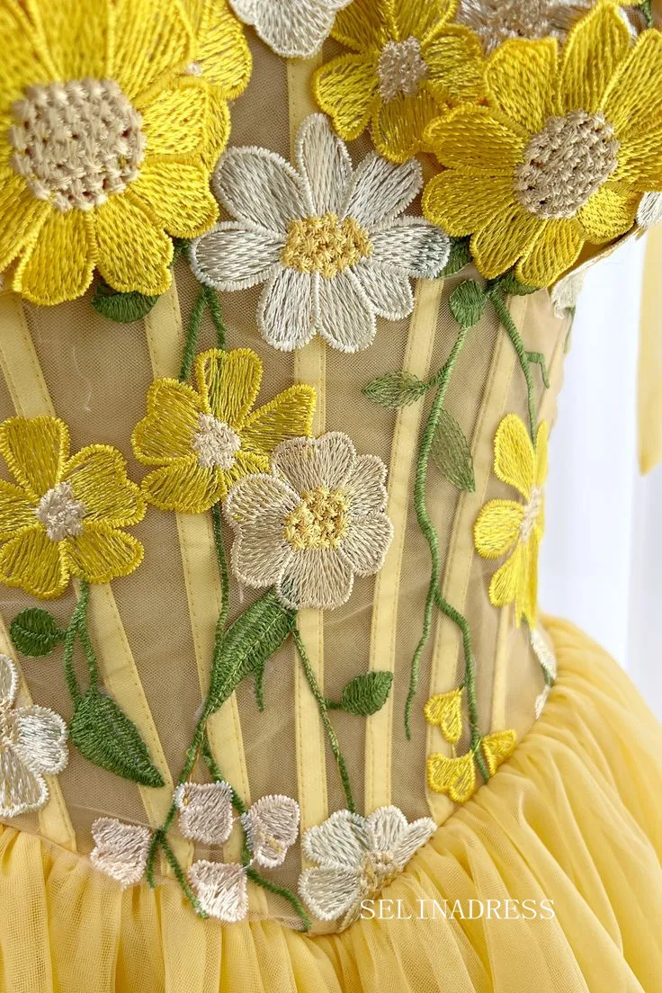Yellow Floral Homecoming Dress A-line Straps Tulle Short Prom Dress EWR403