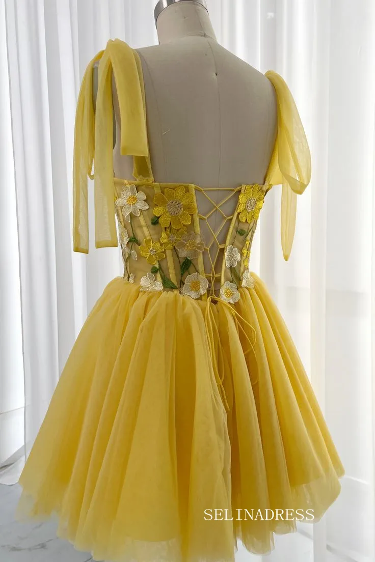 Yellow Floral Homecoming Dress A-line Straps Tulle Short Prom Dress EWR403
