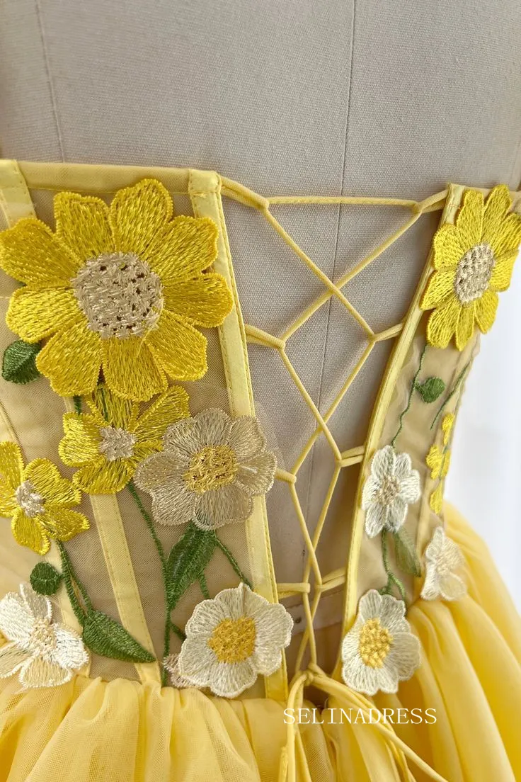 Yellow Floral Homecoming Dress A-line Straps Tulle Short Prom Dress EWR403