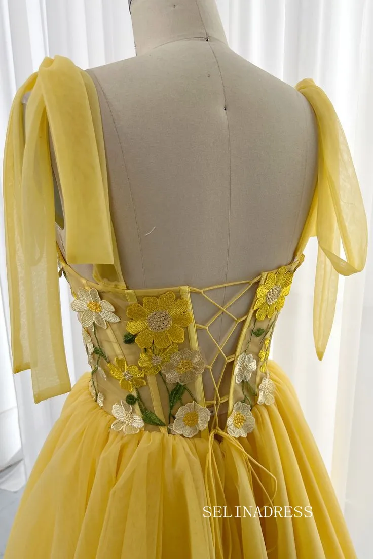 Yellow Floral Homecoming Dress A-line Straps Tulle Short Prom Dress EWR403
