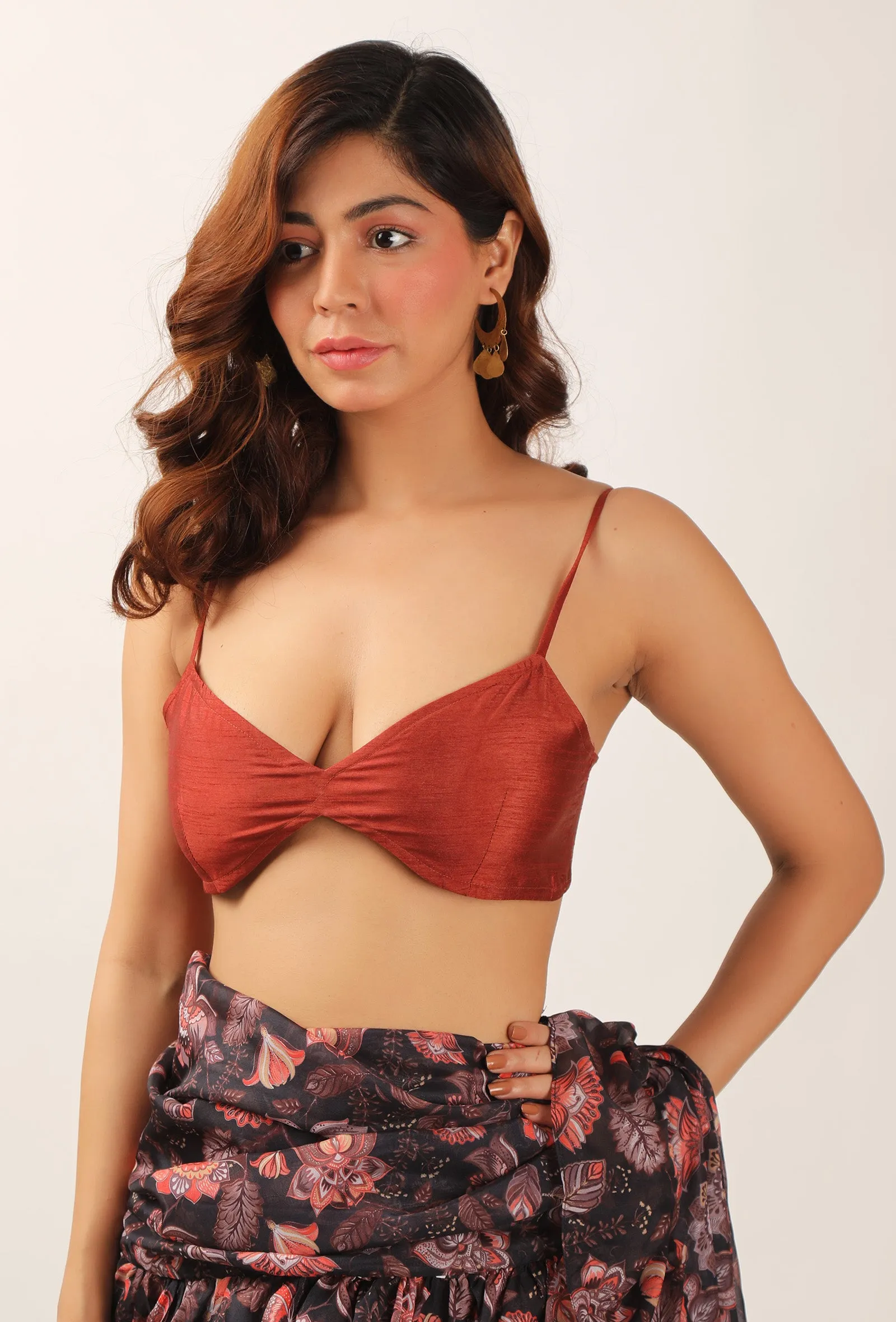 Zoon Floral Chintz Ruffled Pre Draped Sari With Rust Strappy Blouse