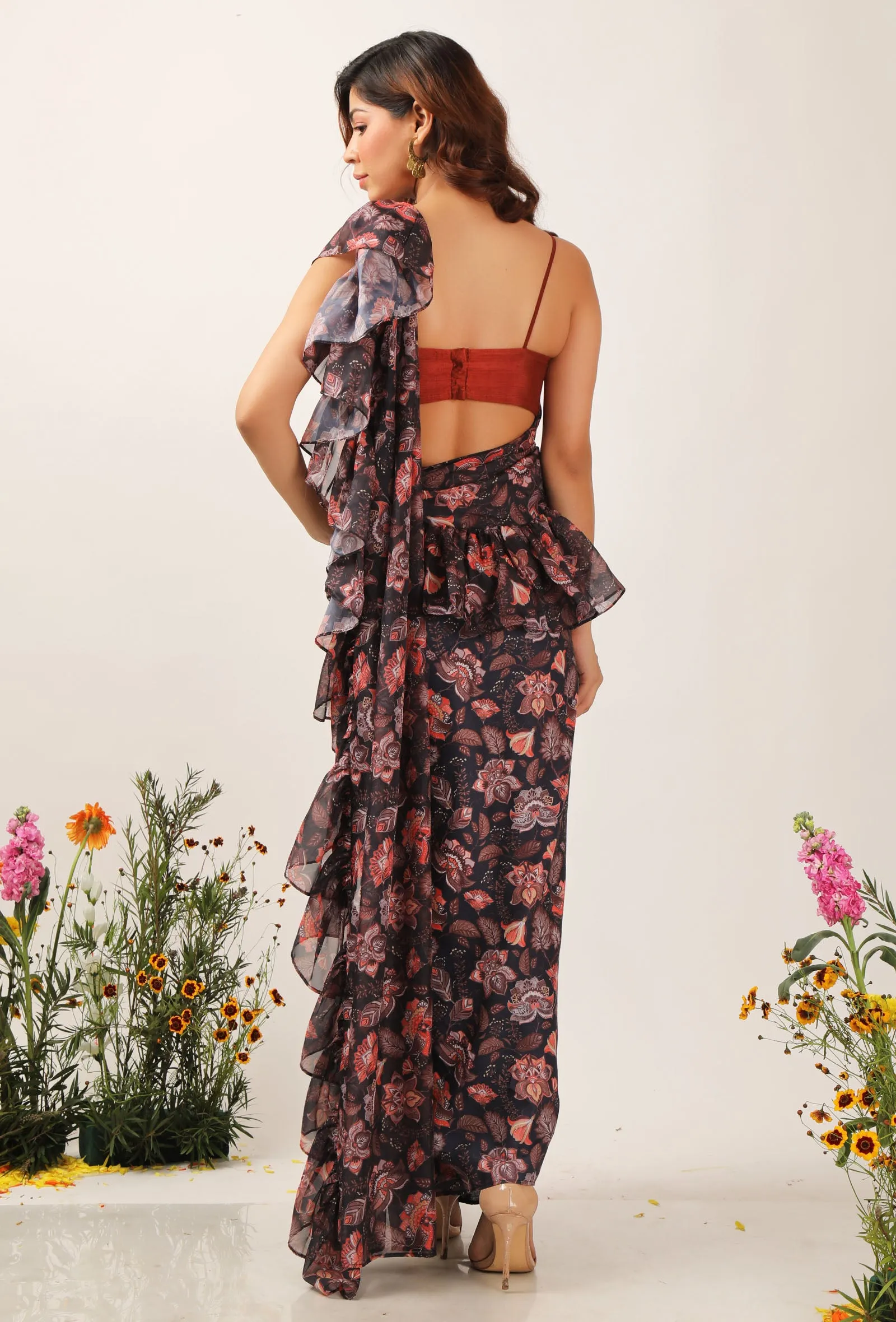 Zoon Floral Chintz Ruffled Pre Draped Sari With Rust Strappy Blouse