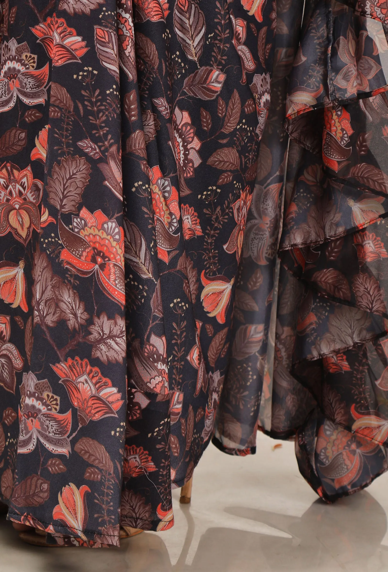 Zoon Floral Chintz Ruffled Pre Draped Sari With Rust Strappy Blouse
