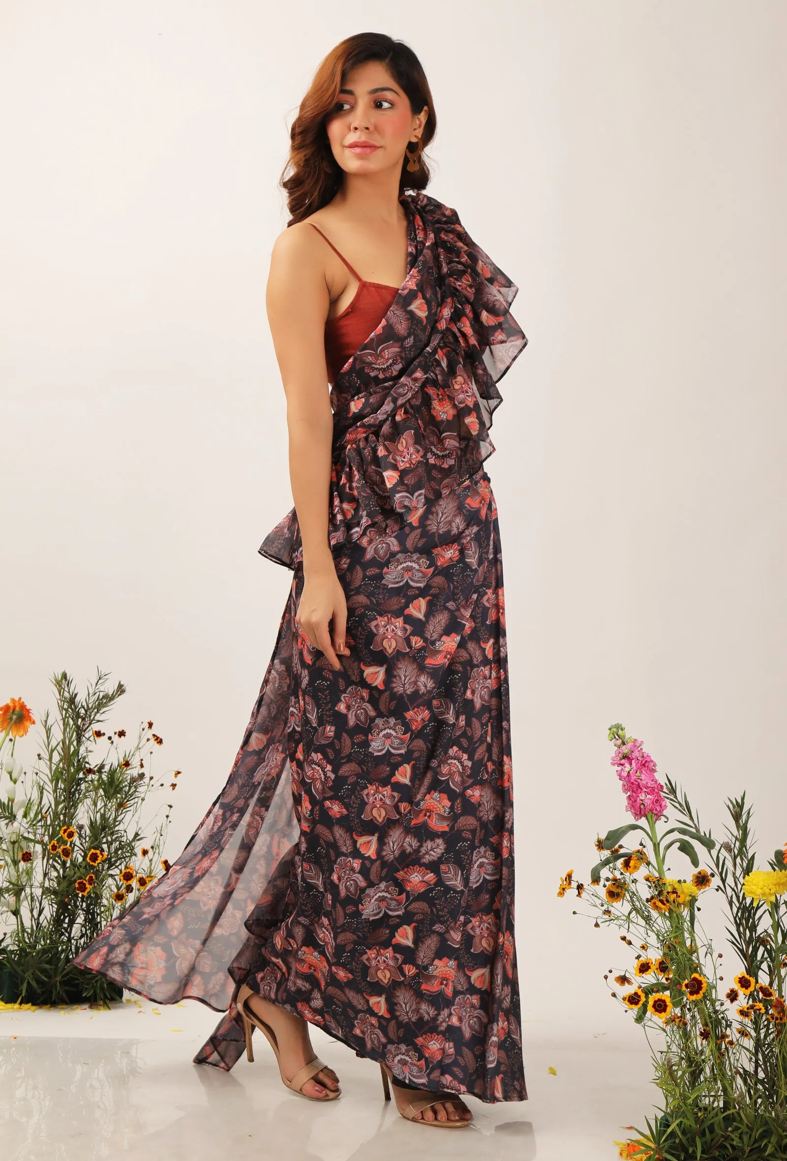 Zoon Floral Chintz Ruffled Pre Draped Sari With Rust Strappy Blouse