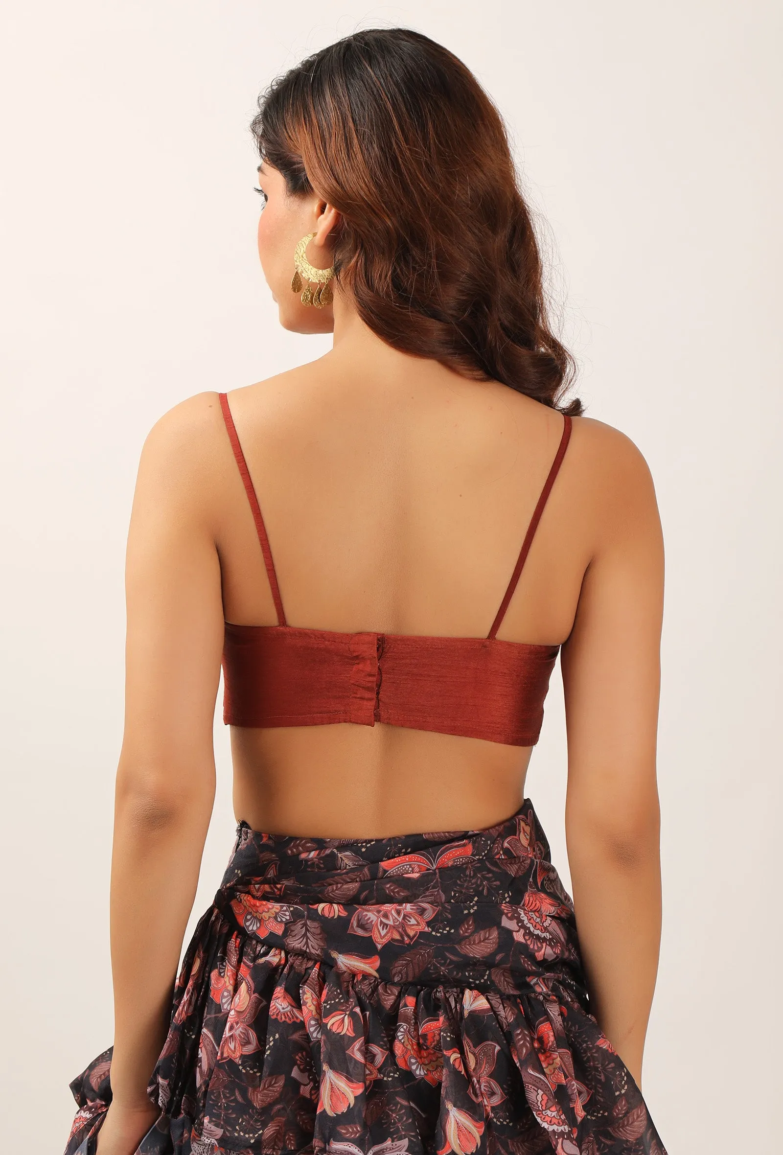 Zoon Floral Chintz Ruffled Pre Draped Sari With Rust Strappy Blouse